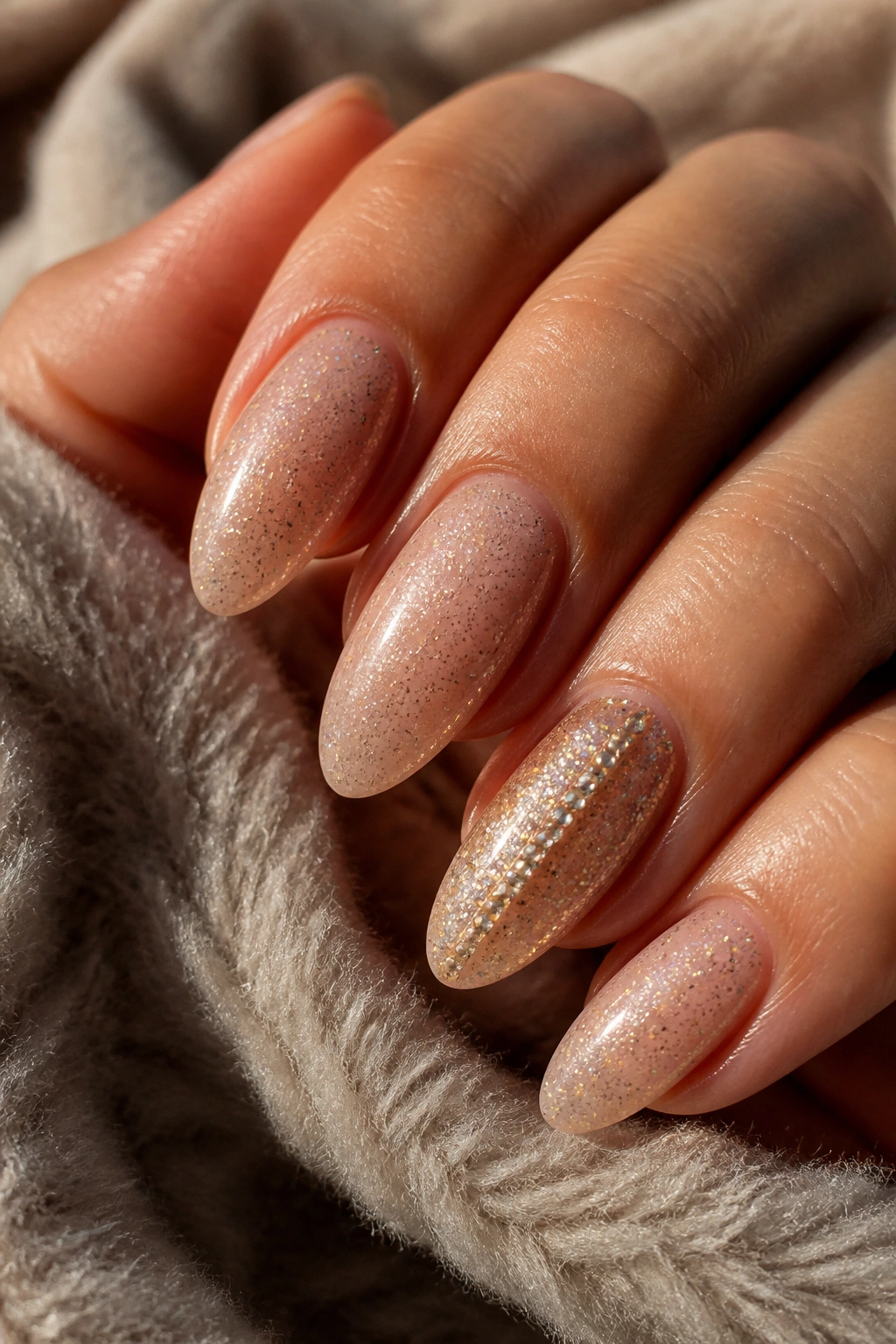 Close-up of a real hand with almond nails in soft nude glitter, single glitter accent on ring finger under warm light.