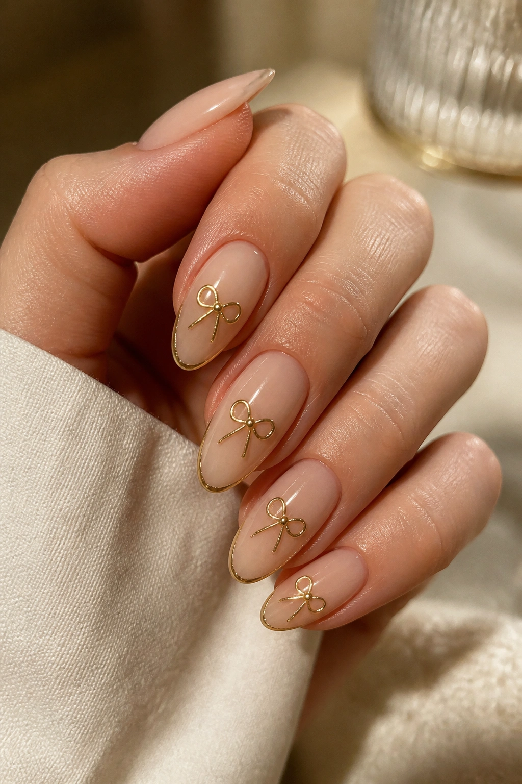 Close-up of nude almond nails with gold bow accents on a hand