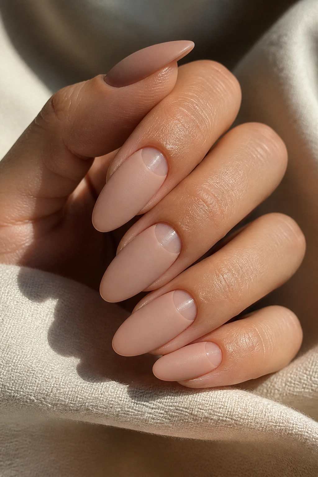 Close-up of a hand showcasing nude negative-space velvet almond nails with a crescent at the base
