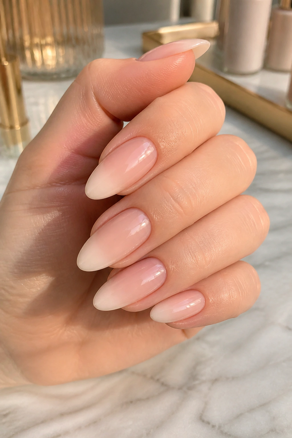 Soft nude ombré almond nails with seamless gradient