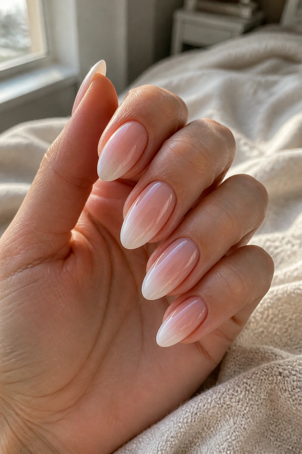 Close-up of nude ombre almond nails with baby boomer fade on a real hand