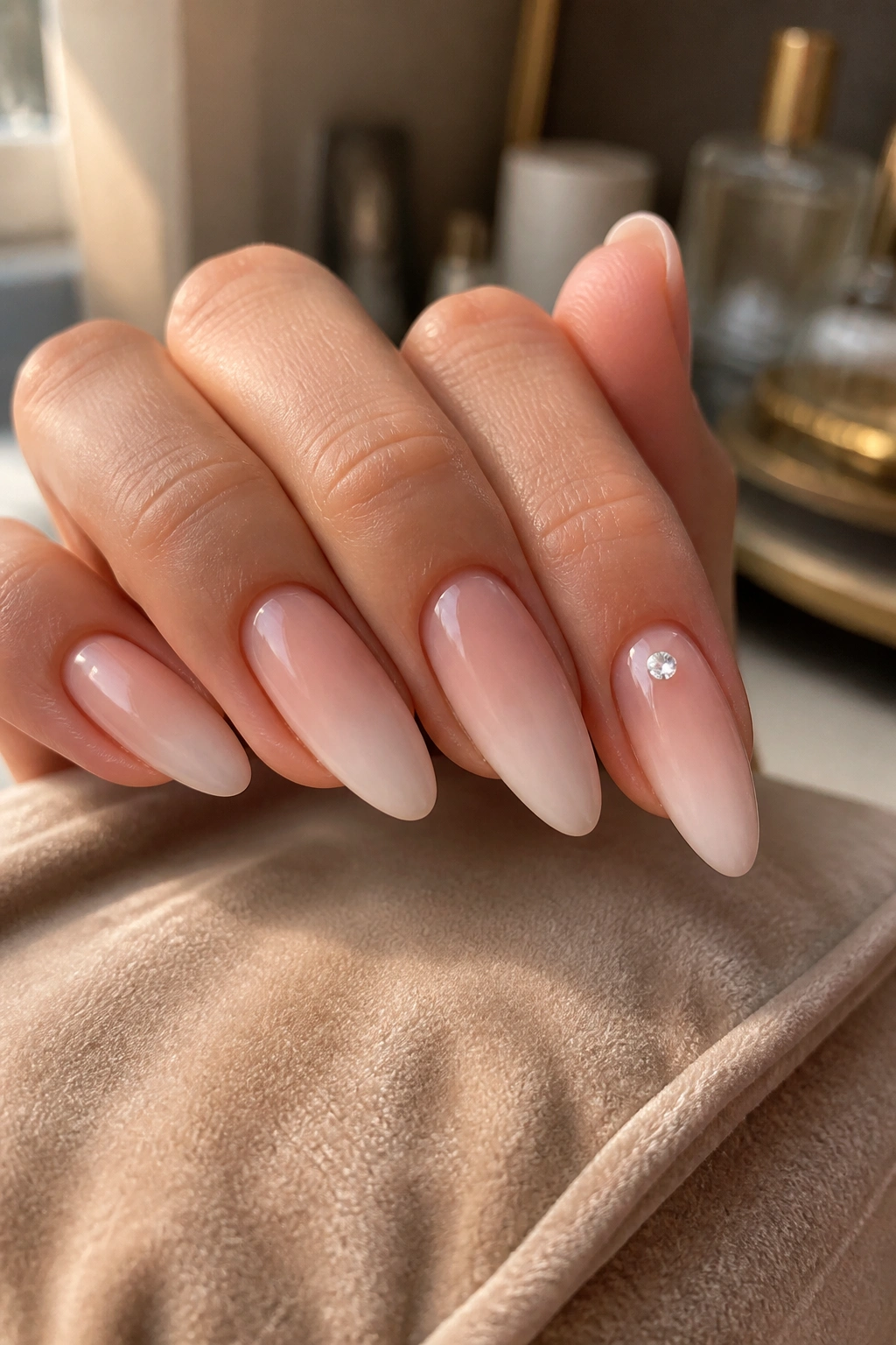 Close-up of nude ombre almond nails with a single accent gem on the ring finger