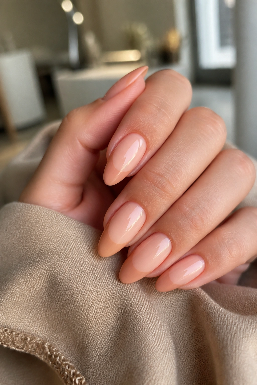 Close-up of nude-on-nude almond nails on a real hand with glossy finish