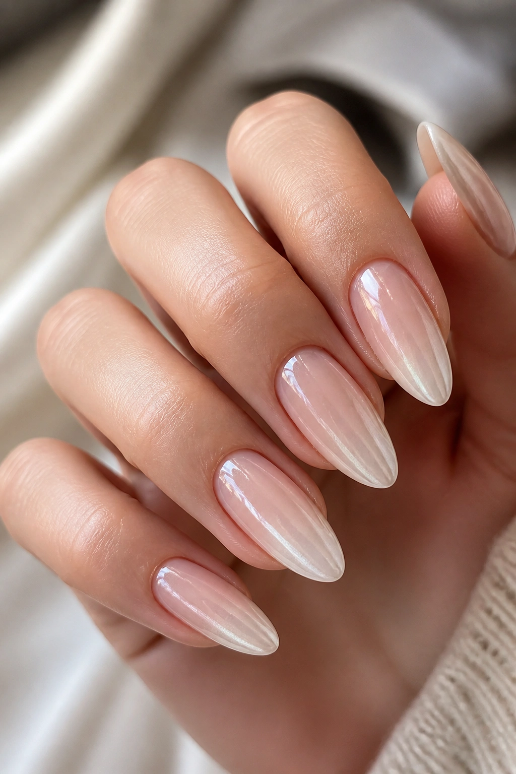 Nude-to-pearl ombré almond nails