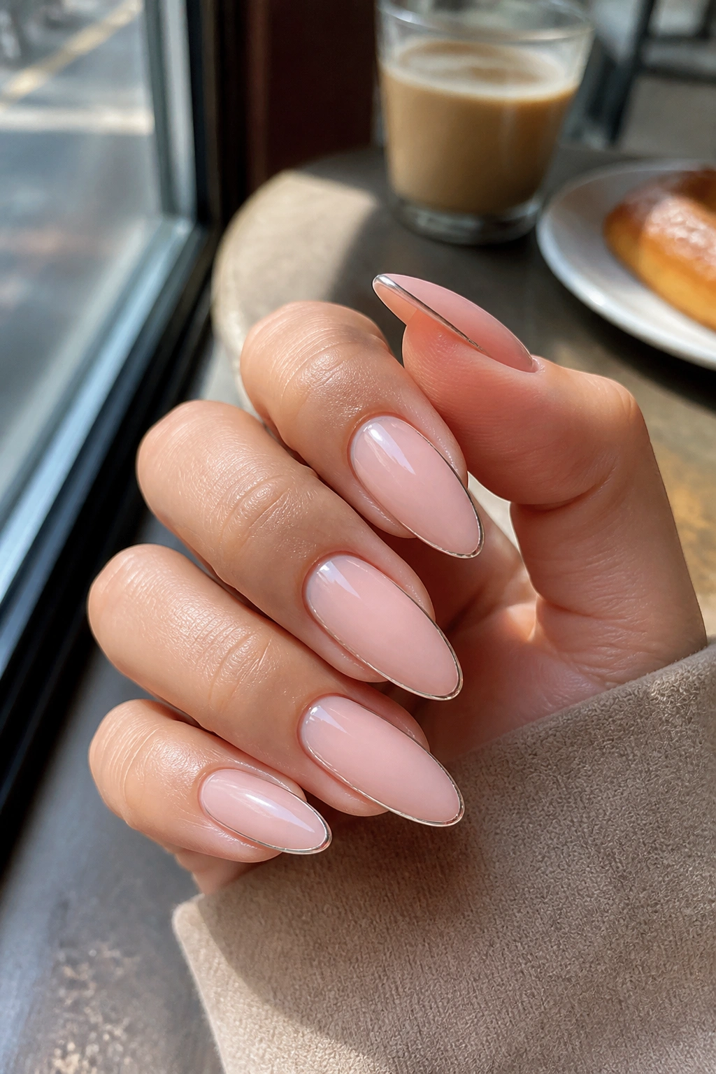 Close-up of nude-pink almond nails with a thin metallic outline