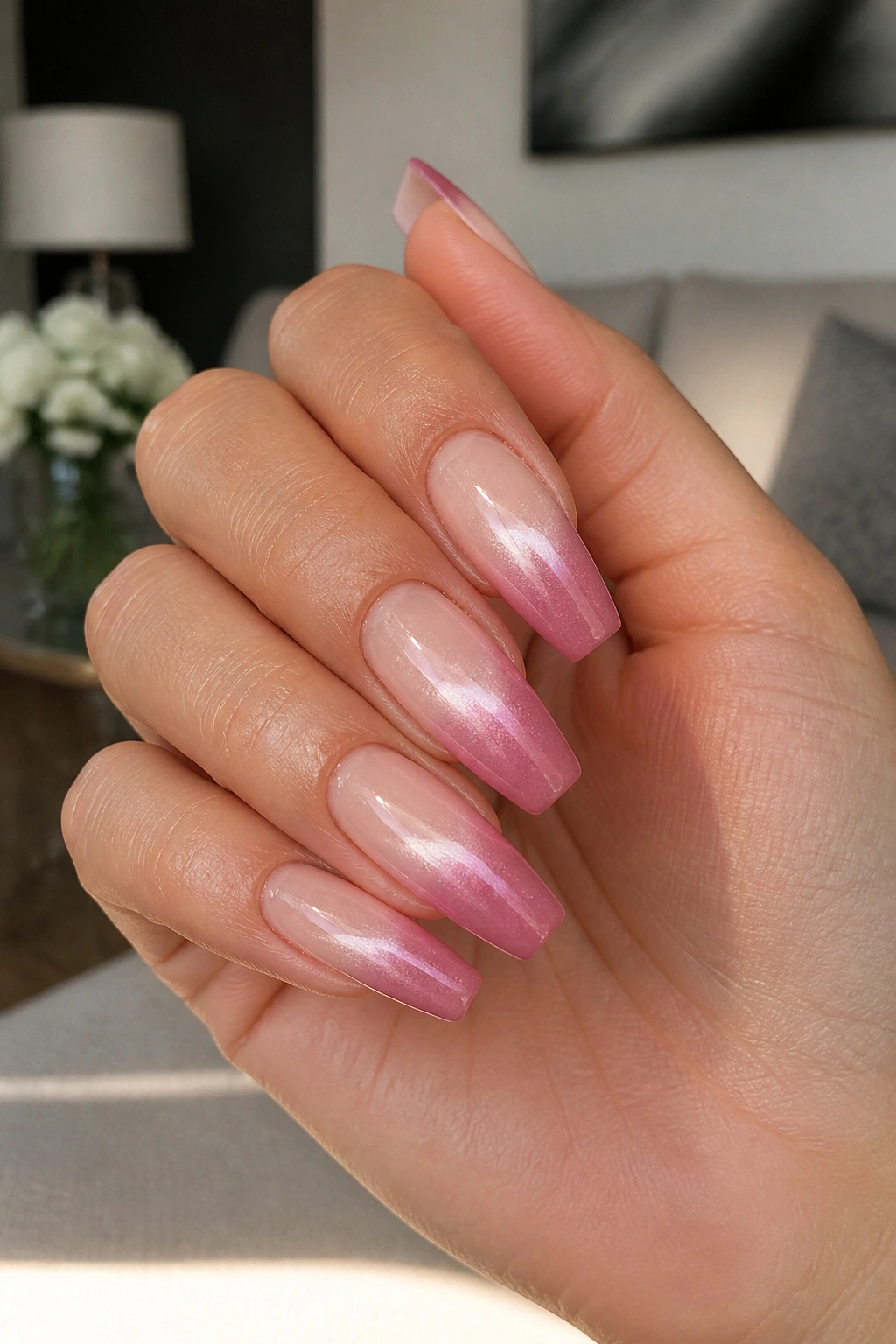 Close-up of real hand with nude-to-rose ombre pink cat eye coffin nails