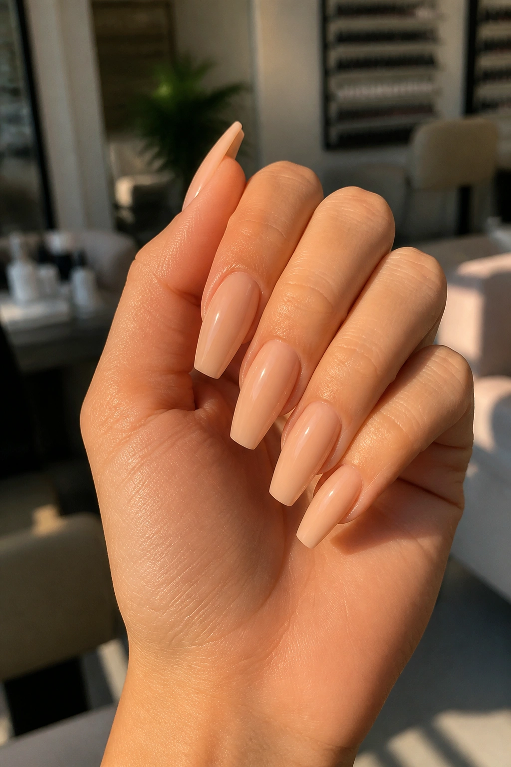 Close-up of a real hand with a warm-leaning nude coffin nail under natural light