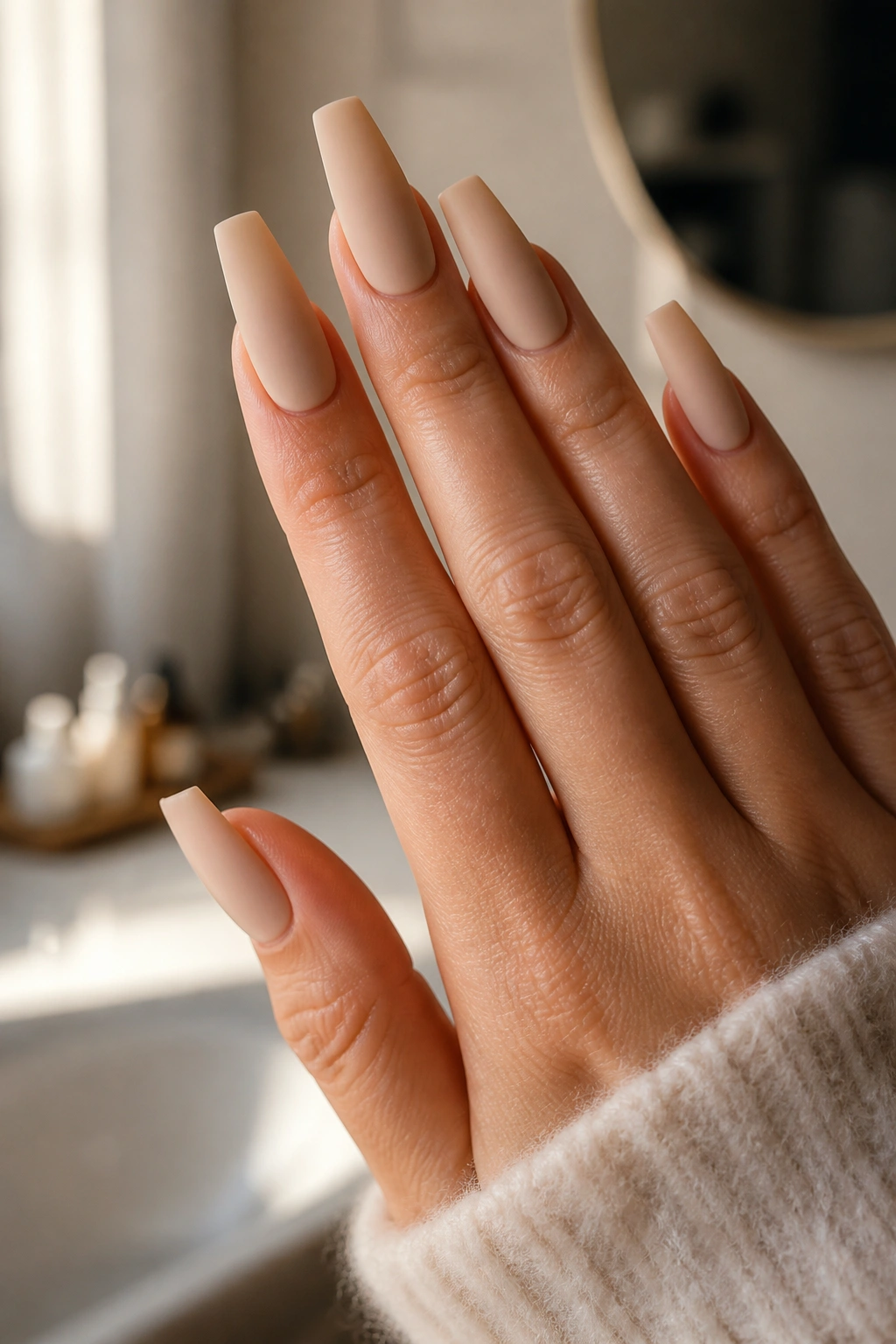 Close-up of oat milk matte nude coffin nails on real hand
