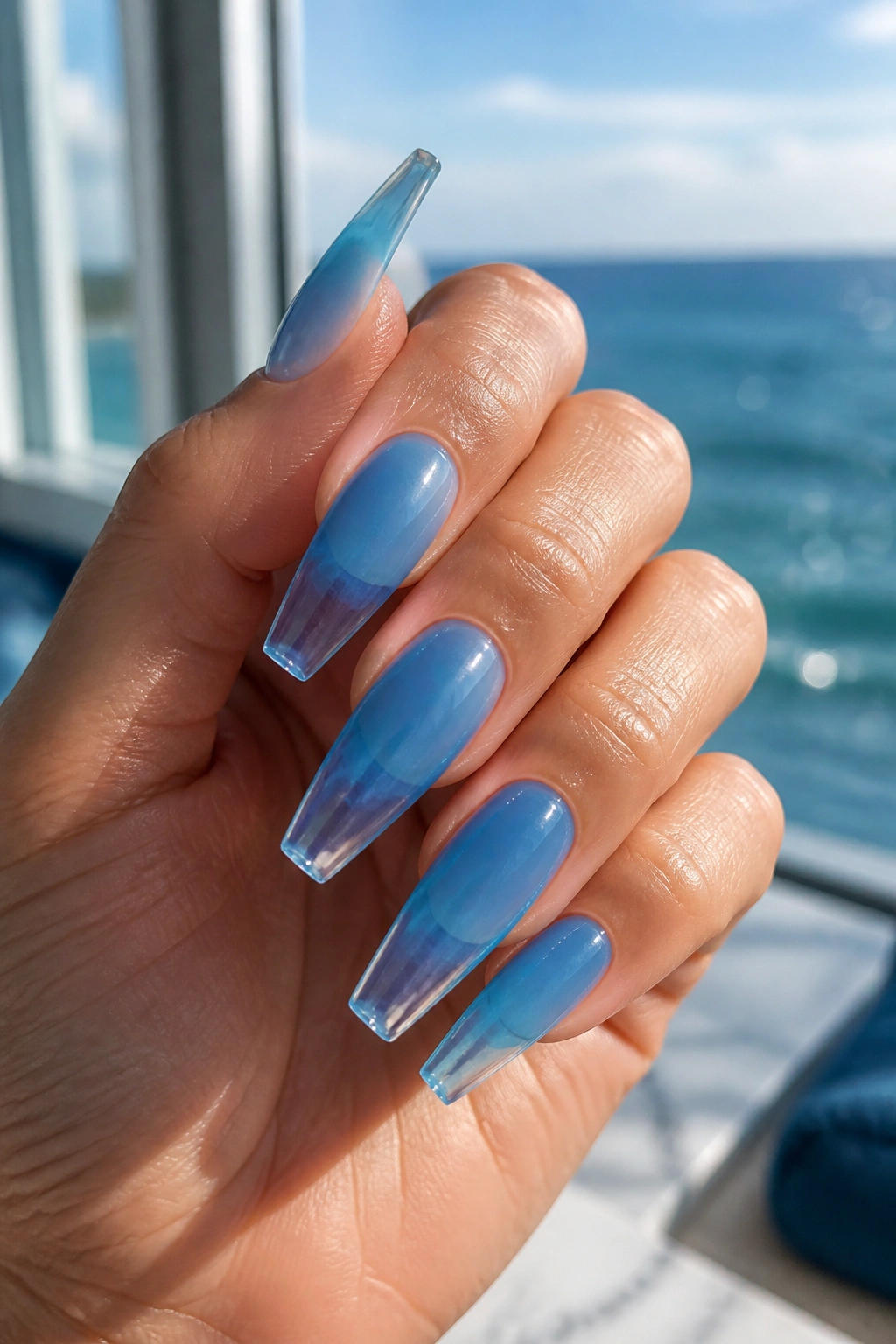 Close-up of coffin nails with ocean blue to clear jelly tips on a real hand