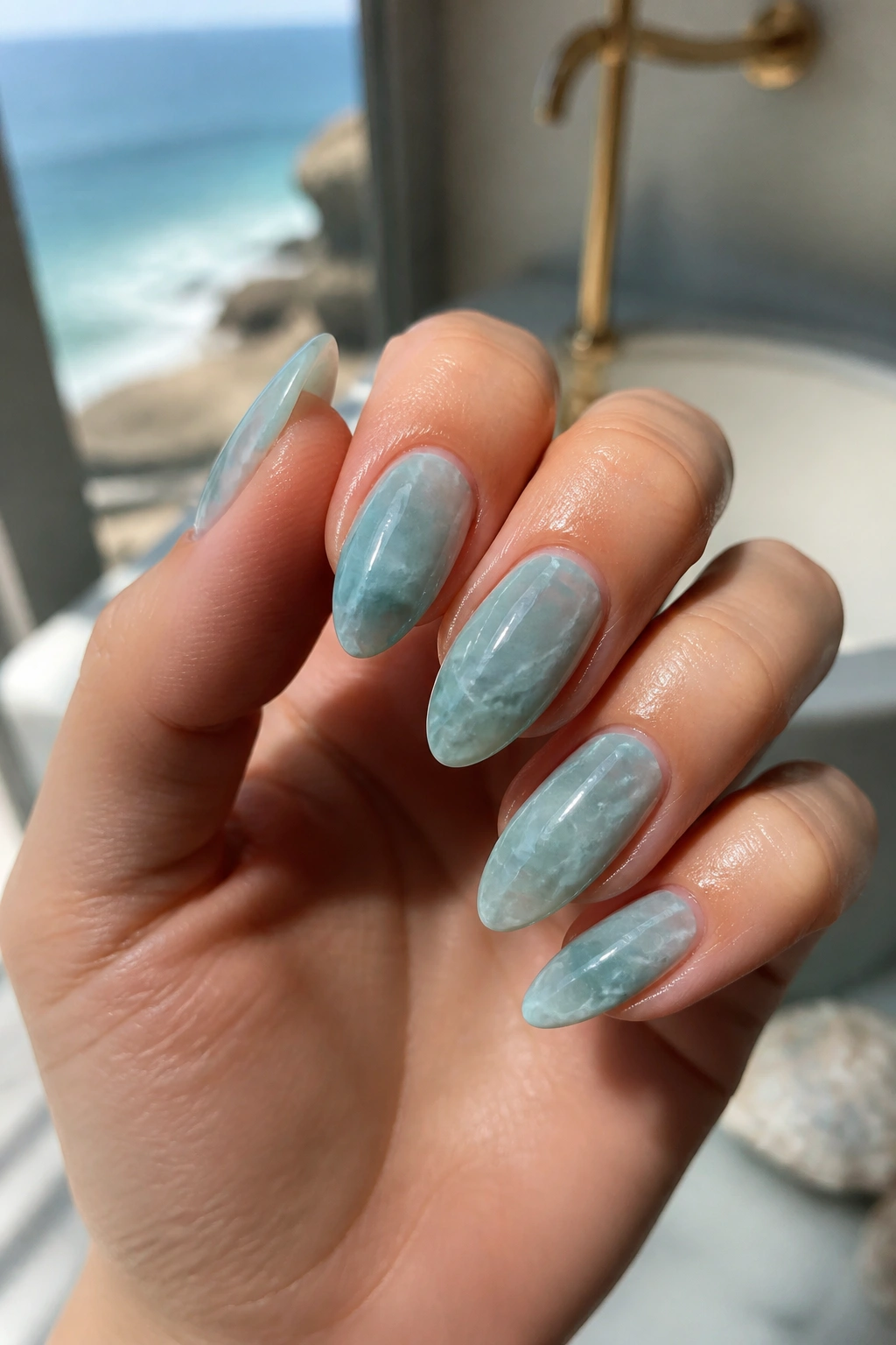 Almond nails with sea-glass style translucent marbling