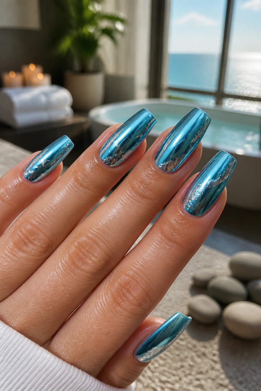 Close-up of ocean teal chrome nails with foil ripples on a real hand