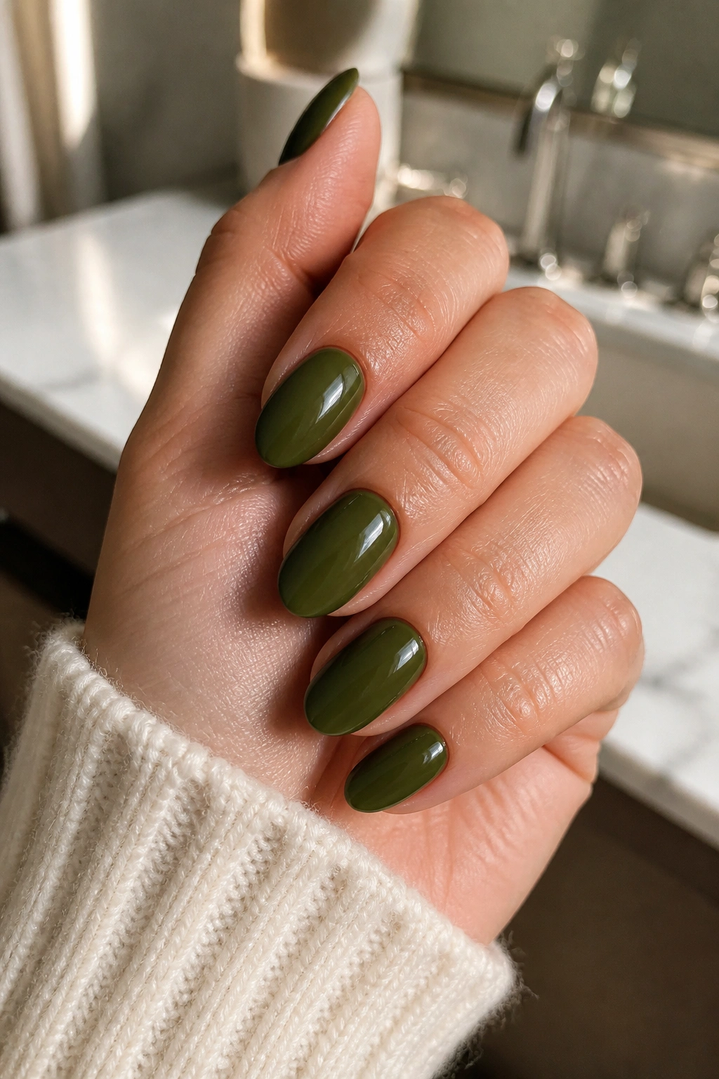 Close-up of a real hand showing olive green almond nails with glossy finish