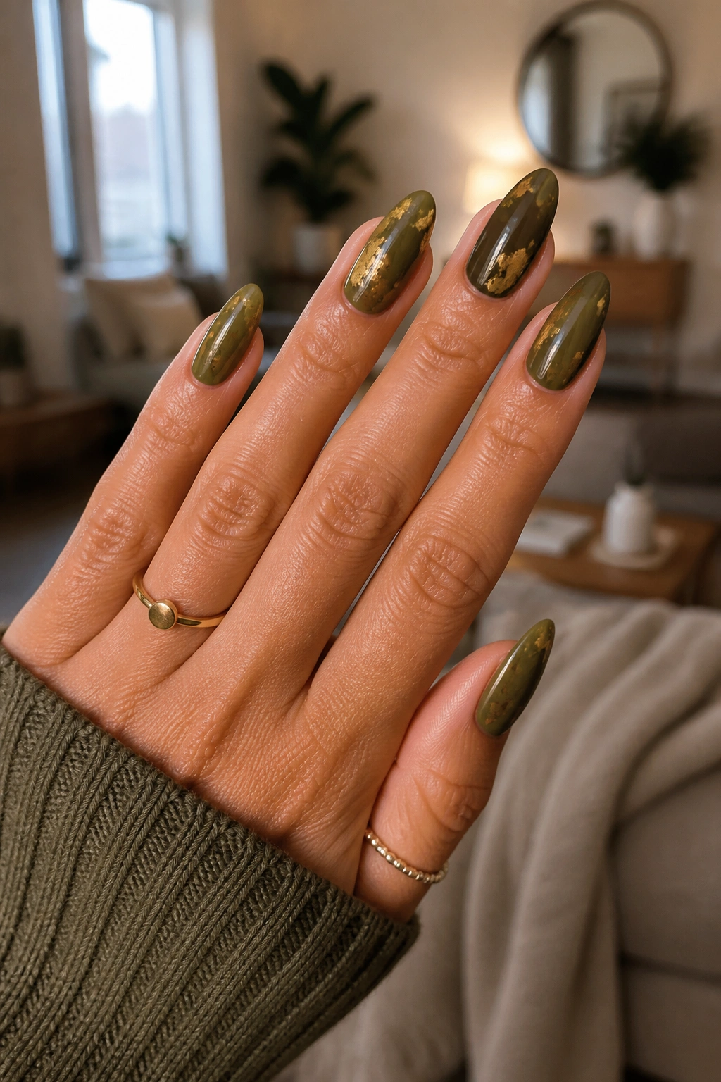 Long almond nails in olive green with gold foil accents on a real hand.