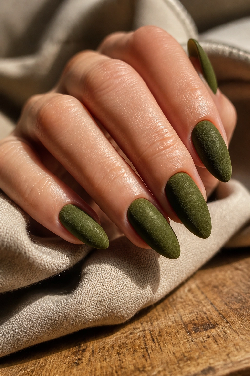Close-up of olive green velvet almond nails on a hand resting on beige fabric