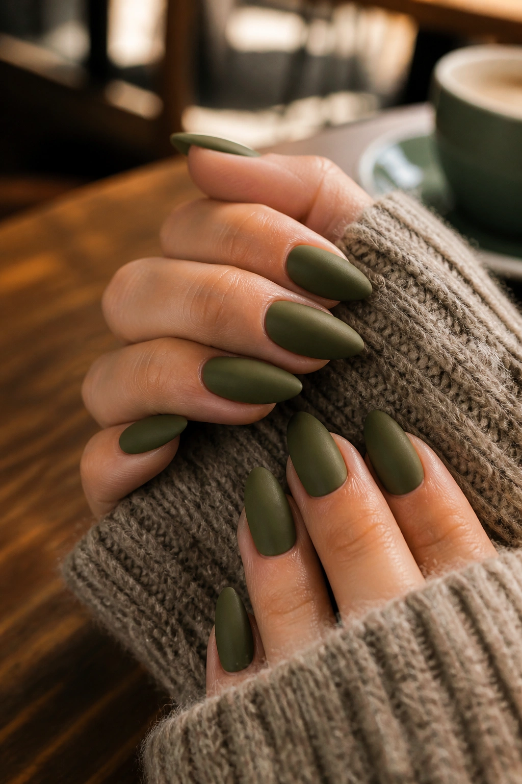 Close-up of real hands with matte olive almond nails in a cozy setting