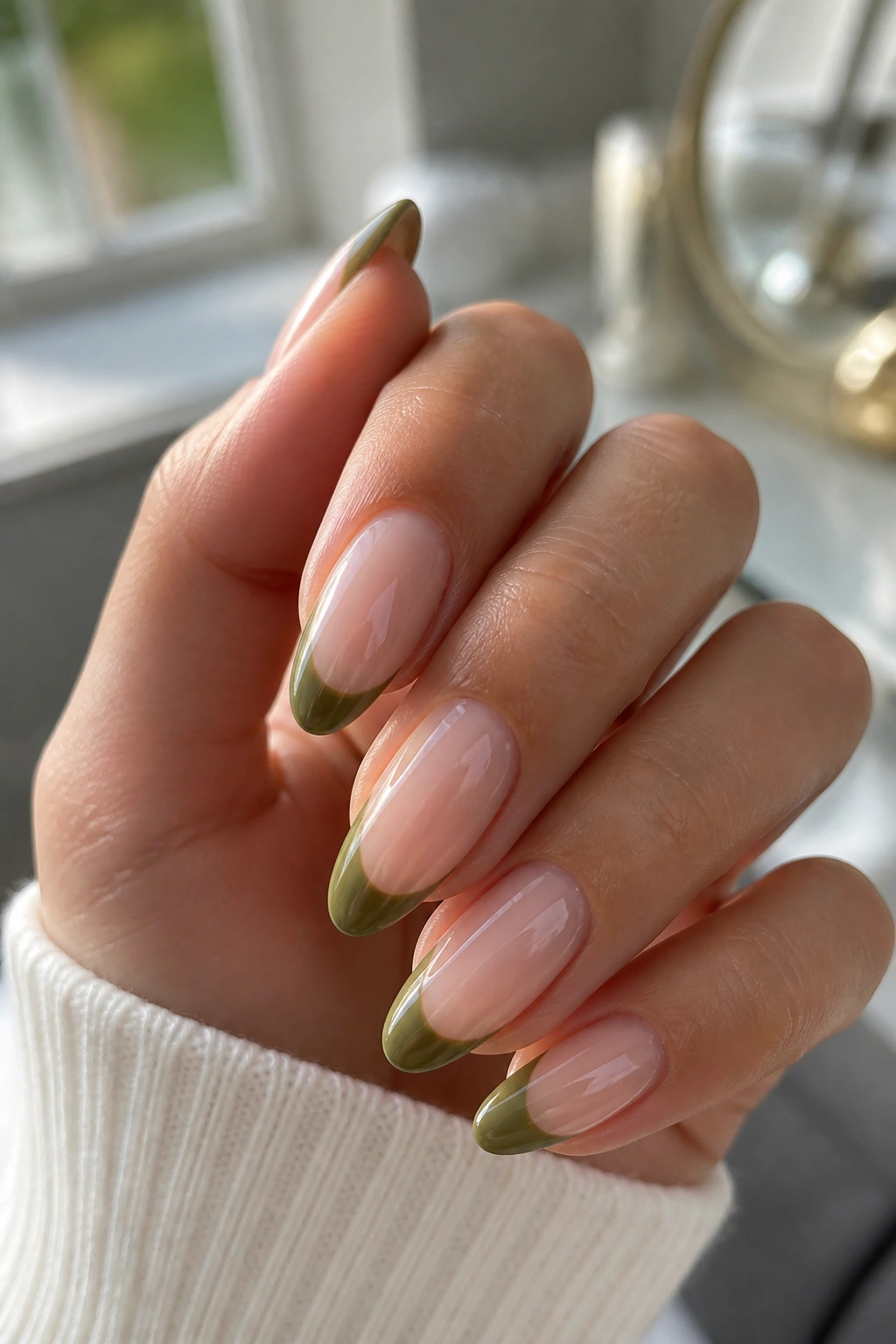 Close-up of almond nails with olive French tips on a real hand