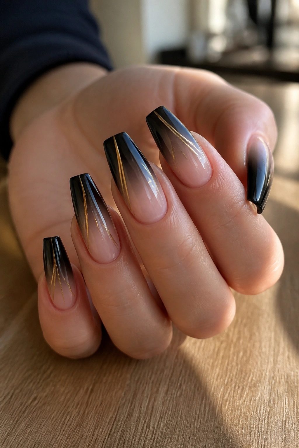Ombre coffin nails with thin gold chrome lines