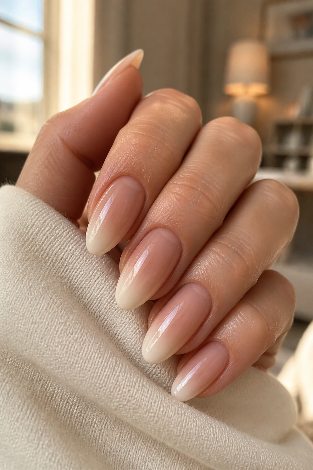 Close-up of a real hand with almond nails in nude ombré fade