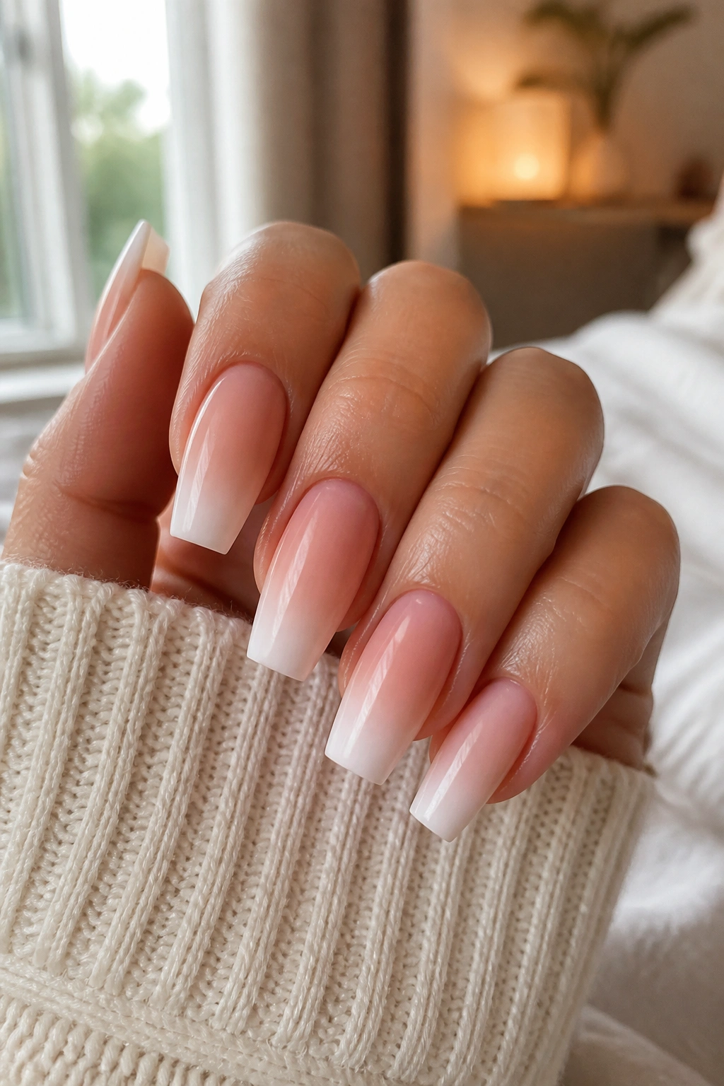 Real hand with ombre French coffin nails in soft gradient