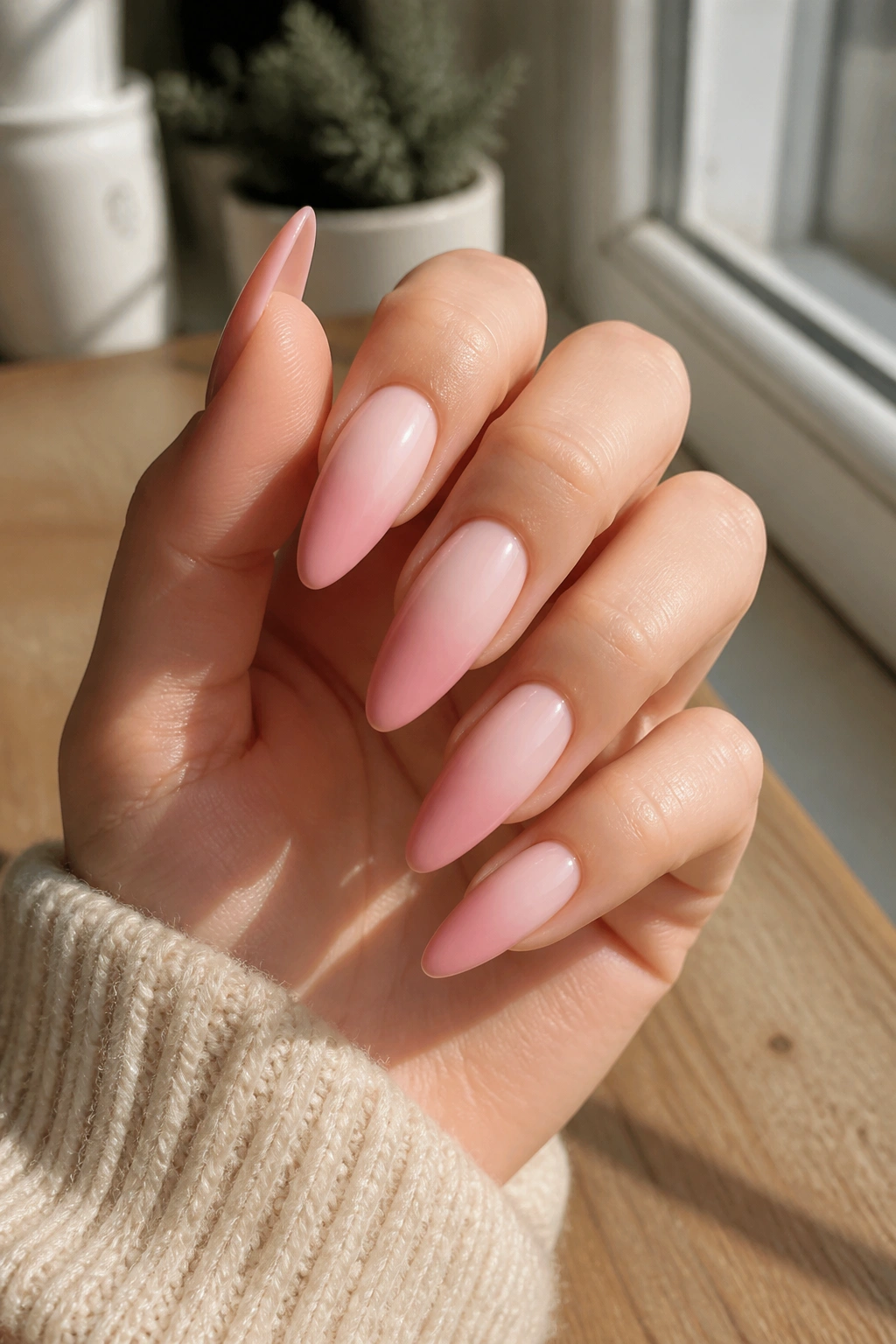 Almond nails with pink ombré fade from nude to blush on a hand