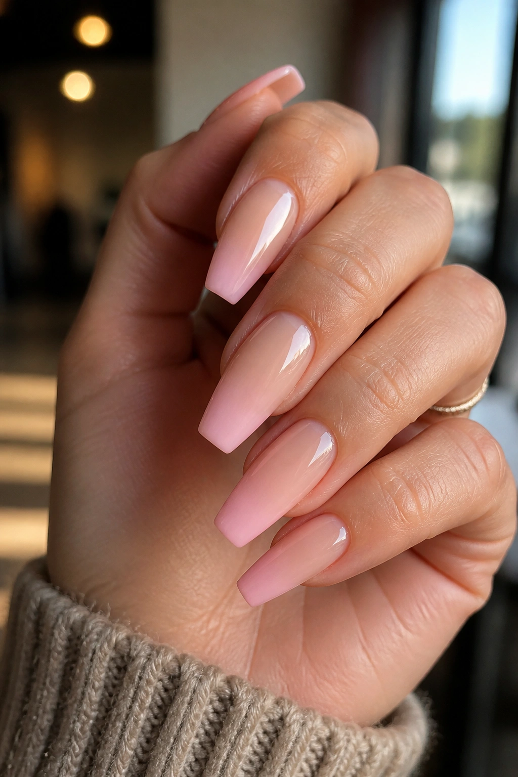 Close-up of a real hand's medium coffin nails in an ombre gradient, in a warm salon setting.