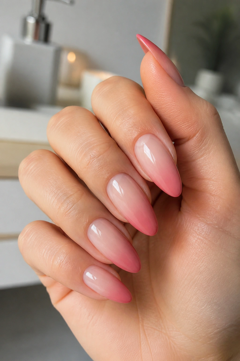 Close-up of long almond nails with dusty pink ombré from cuticle to tip on a real hand.
