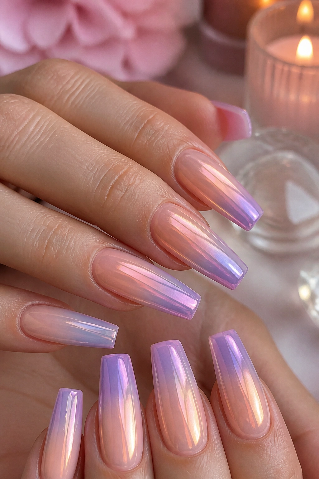 Close-up of peach-to-lilac iridescent ombré coffin nails on real hands.