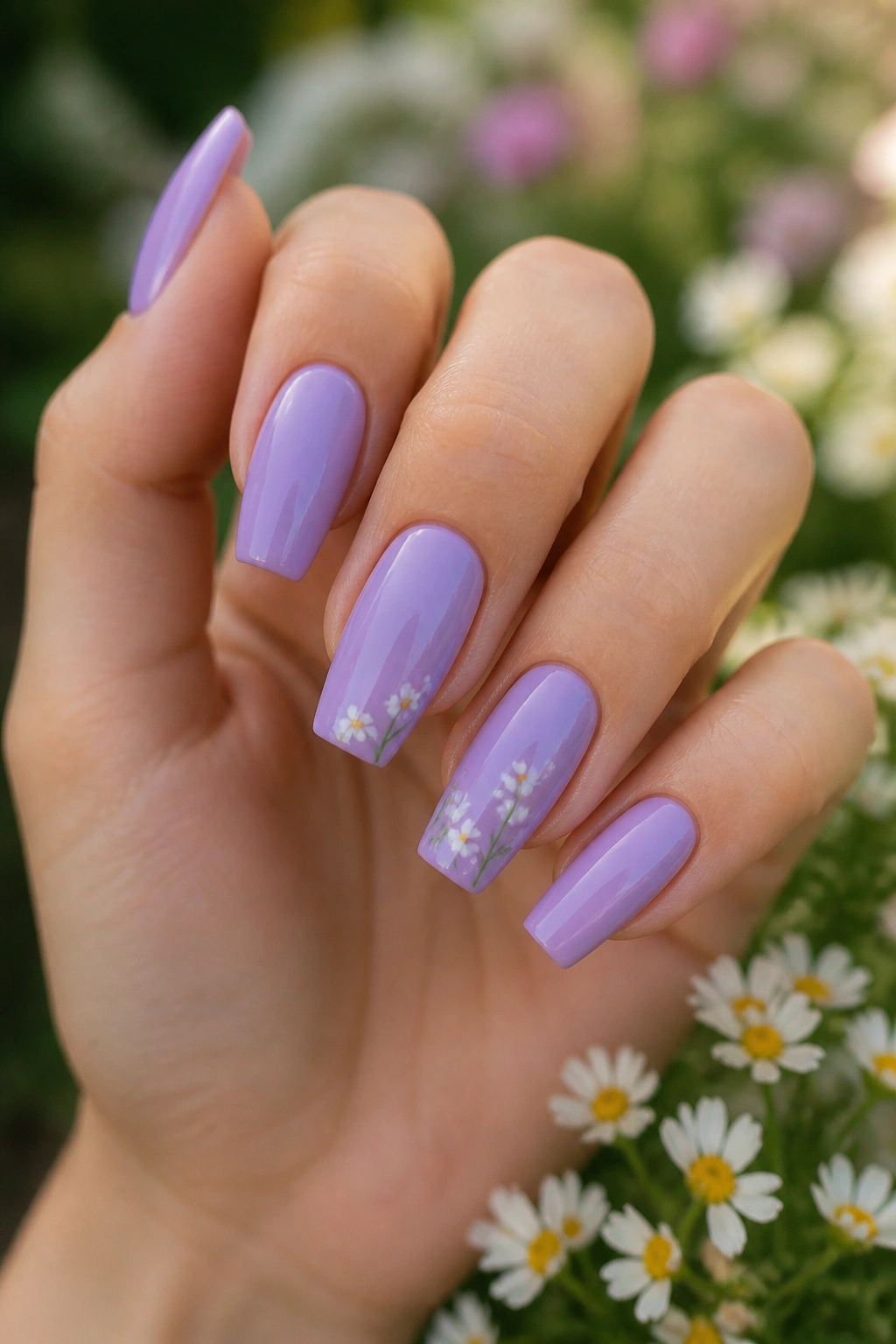 Soft orchid nails with tiny white daisies accent nails on a real hand.