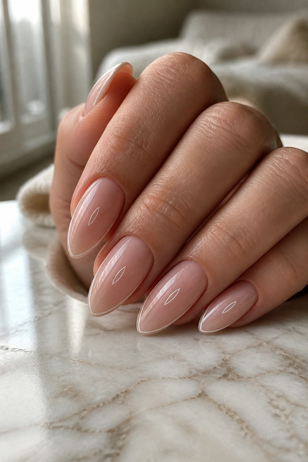 Close-up of almond nails with a micro French frame and an abstract mark inside the frame