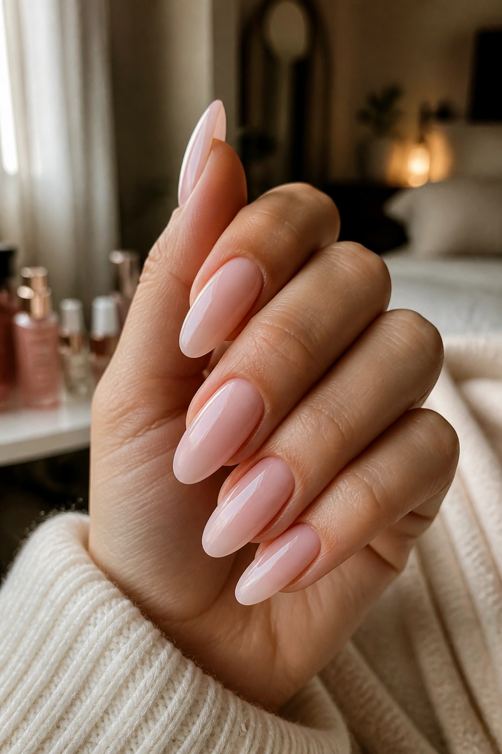 Close-up of a real woman's hand with long oval milky pink nails in warm window light