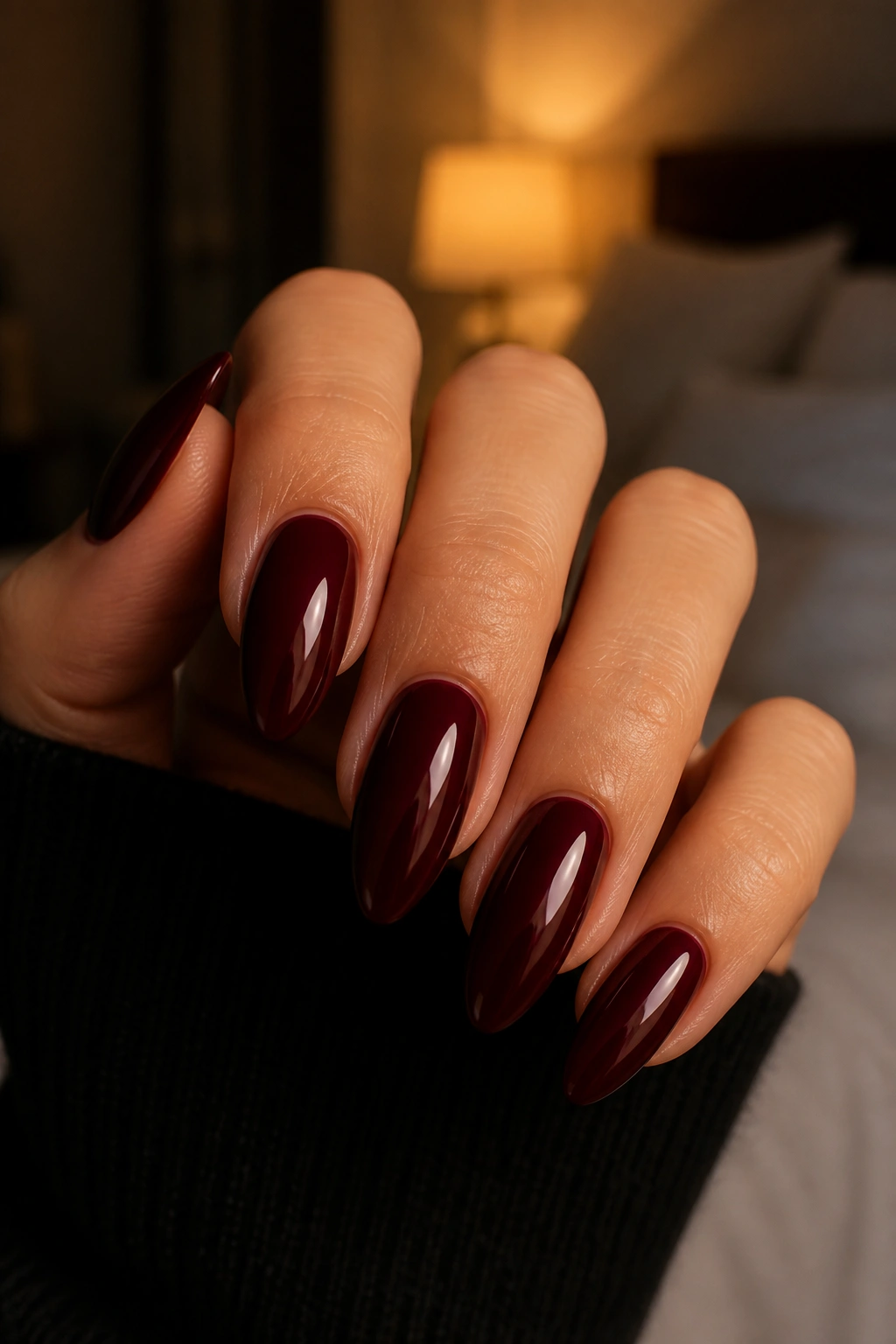 Close-up of oxblood almond nails on a real hand