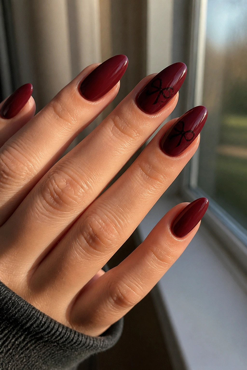 Close-up of oxblood almond nails with dark bows on a hand