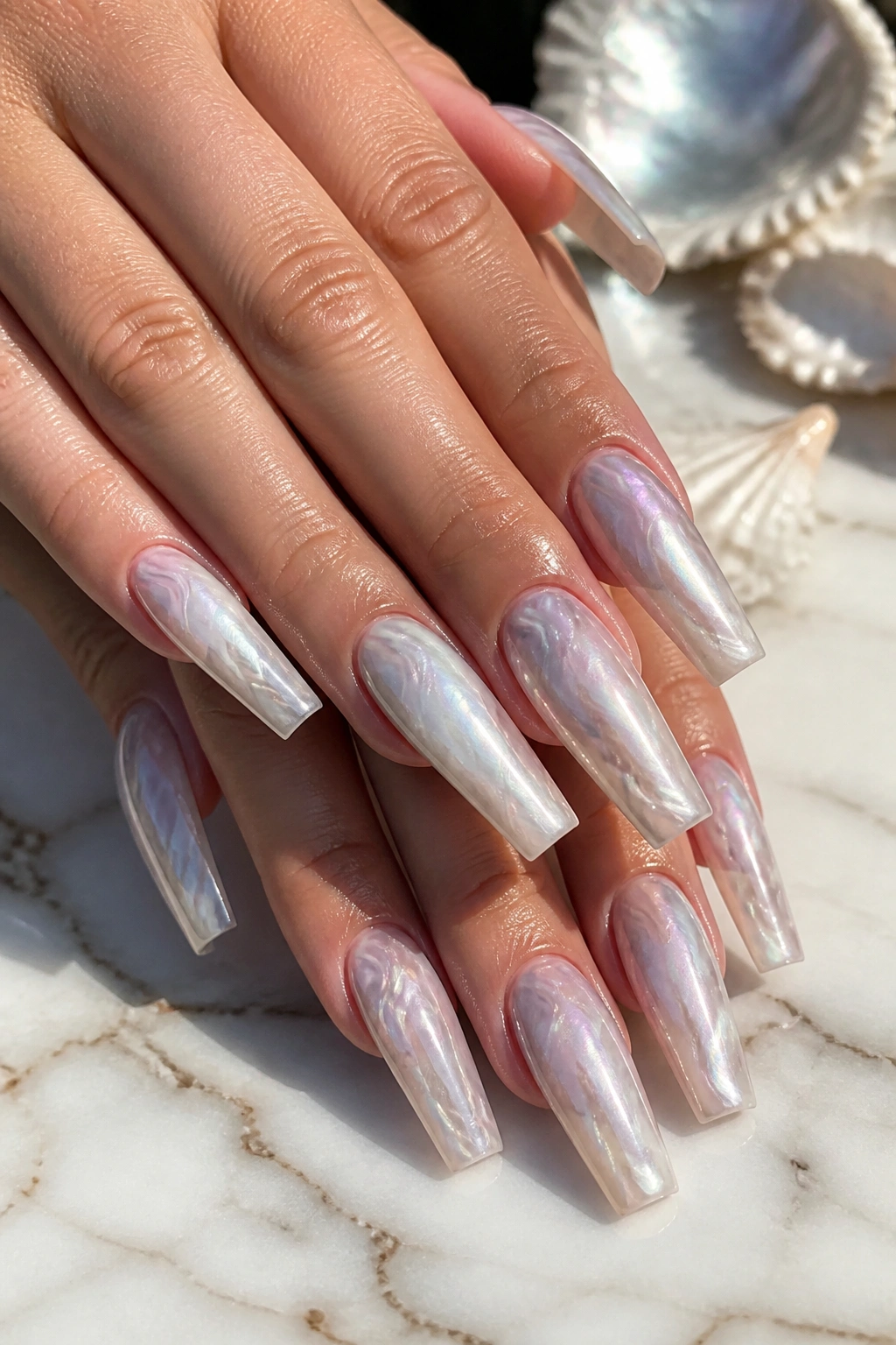 Close-up of hands with oyster-shell pearl coffin nails with iridescent swirls in gray, cream and pink.