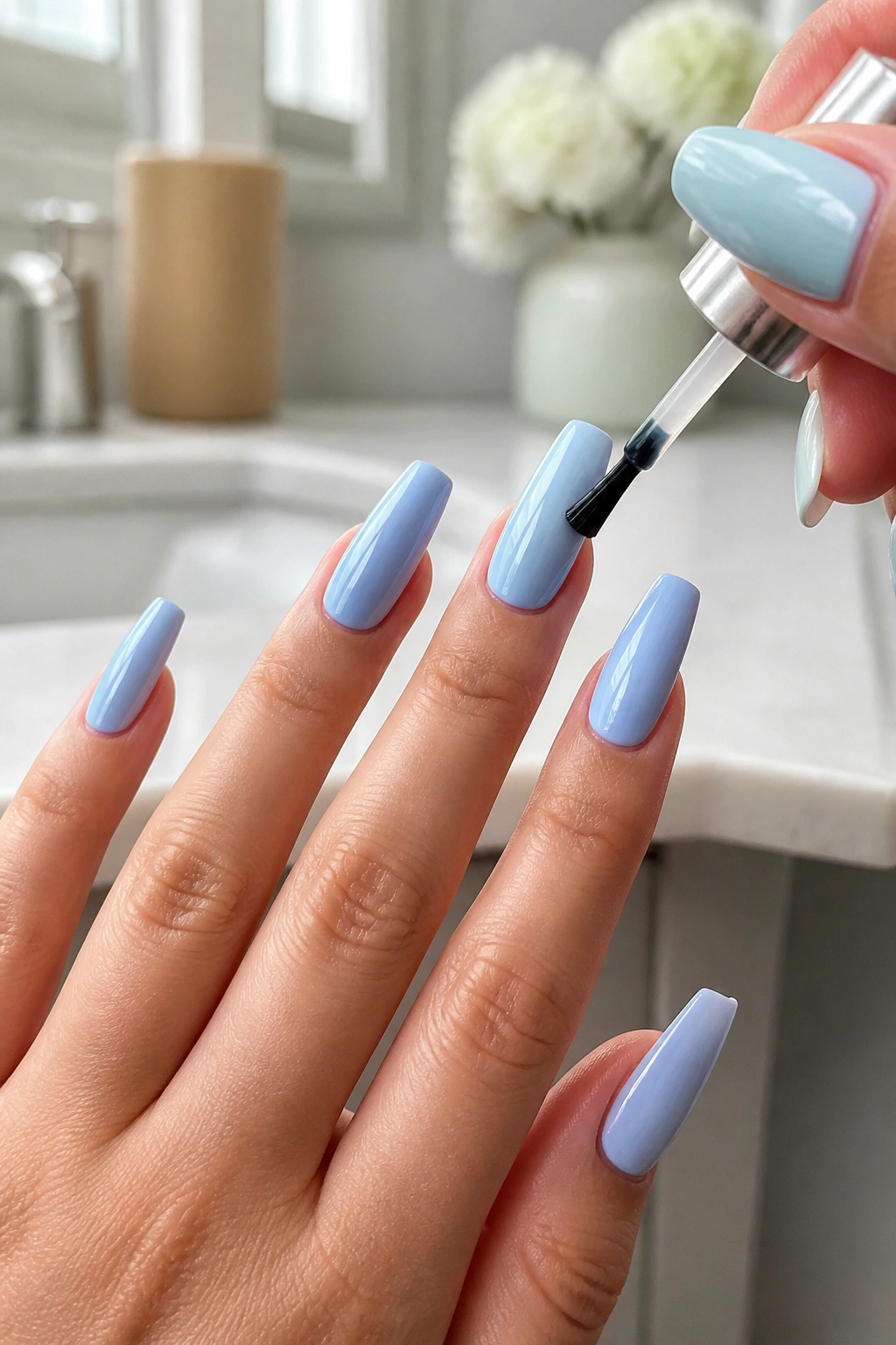 Close-up of a real hand applying clear top coat to pale blue coffin nails at a vanity.