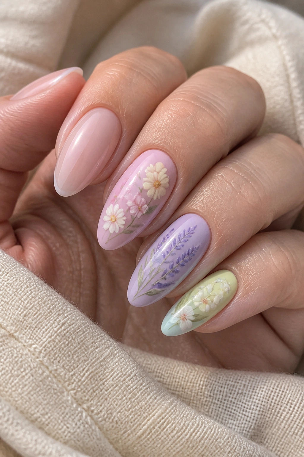 Almond nails with four different soft flower patterns in pastel bouquet palette