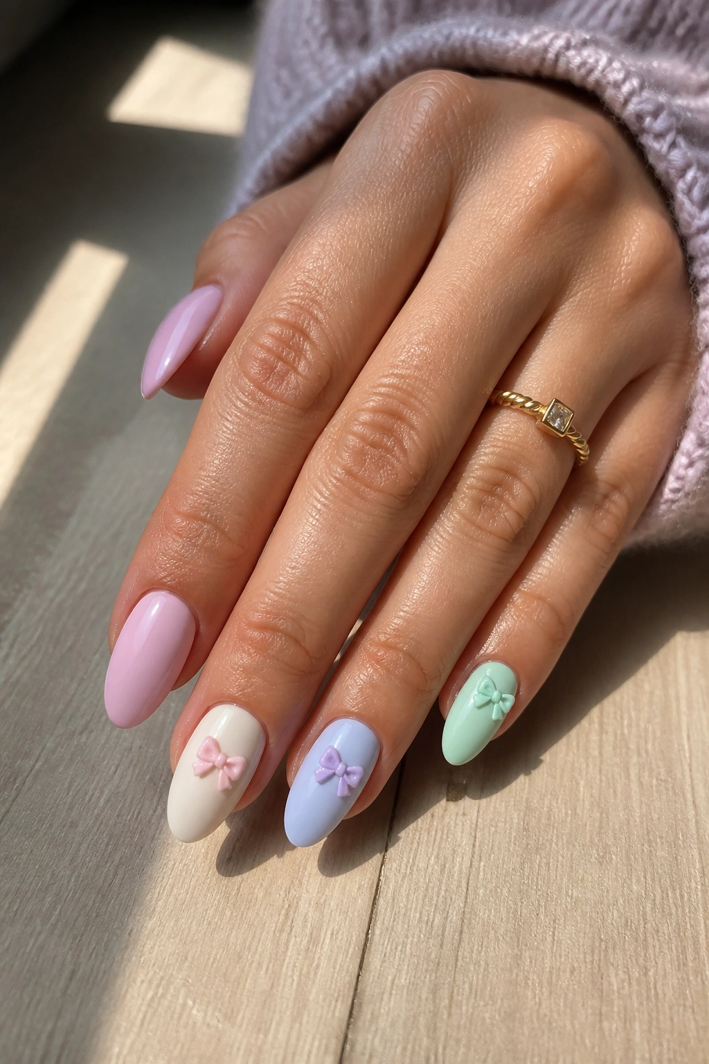 Close-up of pastel almond nails with tiny bows on accent nails