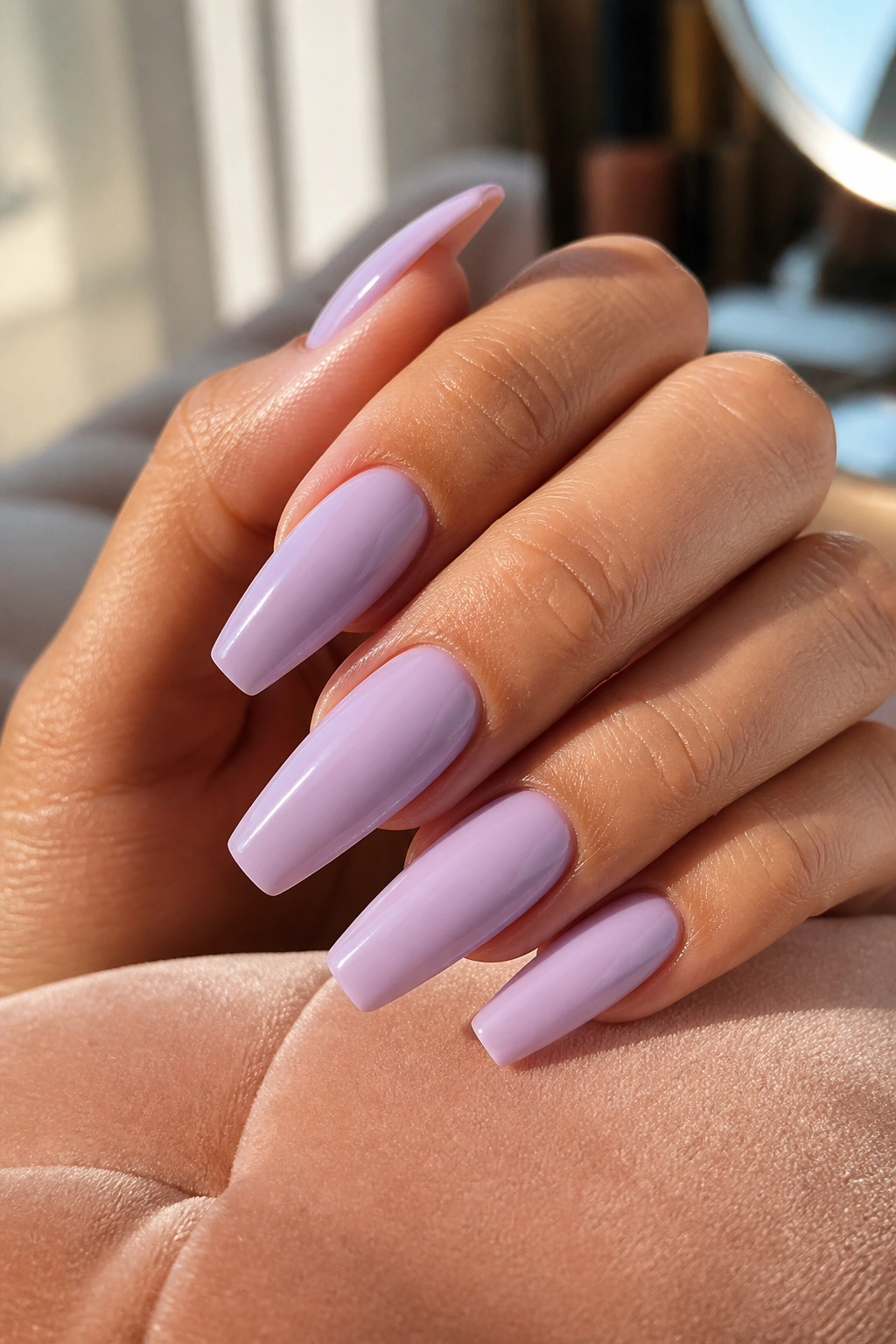 Close-up of a real hand showing pastel coffin nails in milky lavender on a peach velvet background