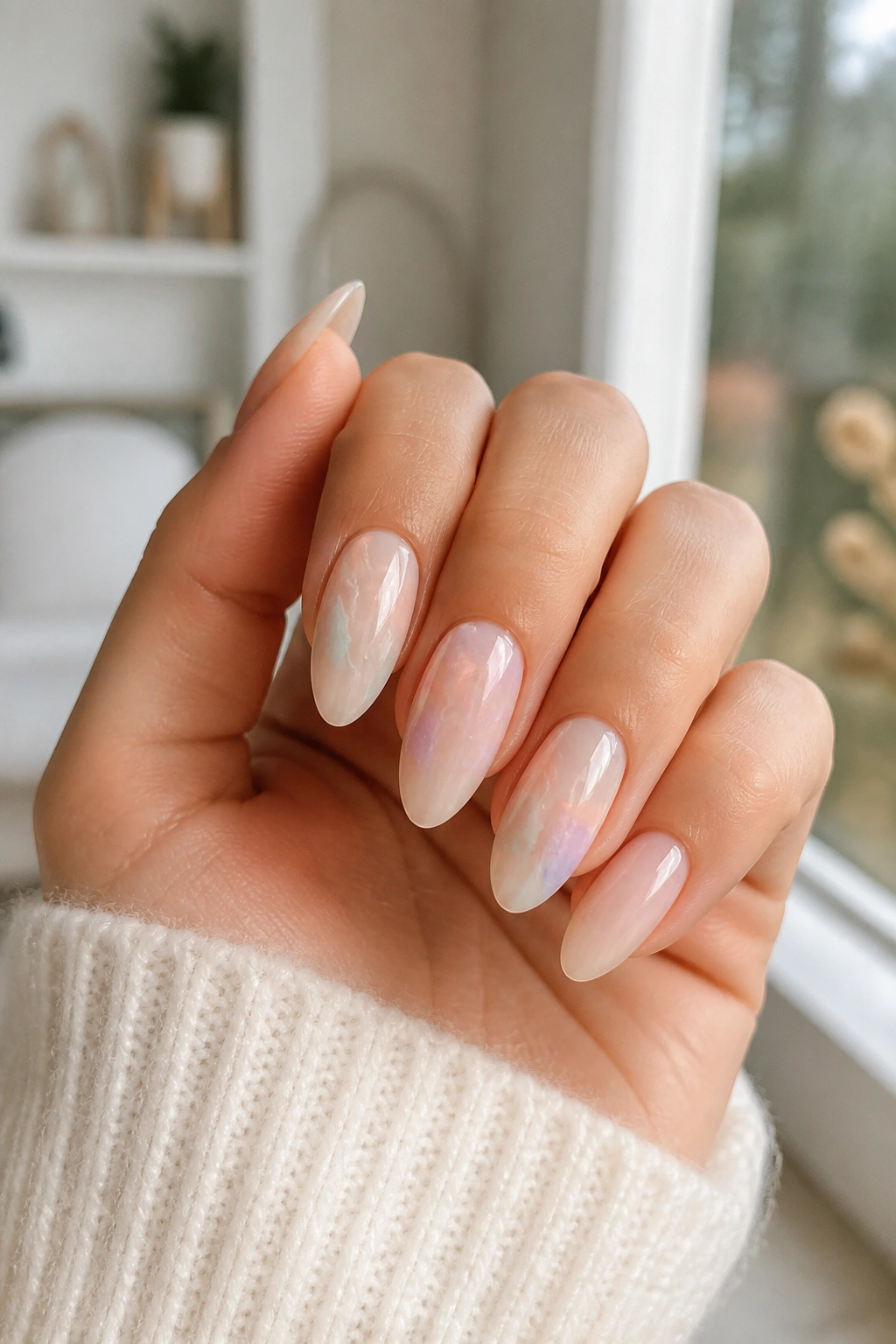 Pastel confetti marble nails on almond hands