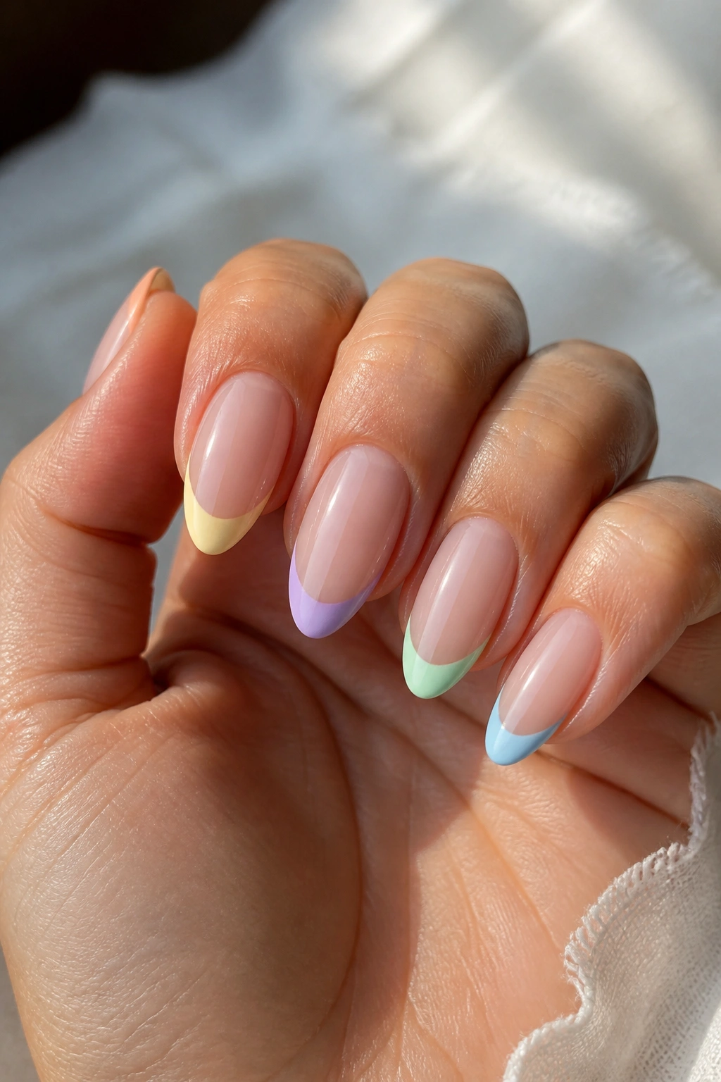 Close-up of a real hand with pastel French tips in a mixed set on almond nails