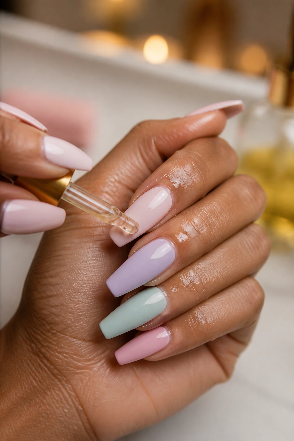 Hand applying cuticle oil to pastel coffin nails close-up