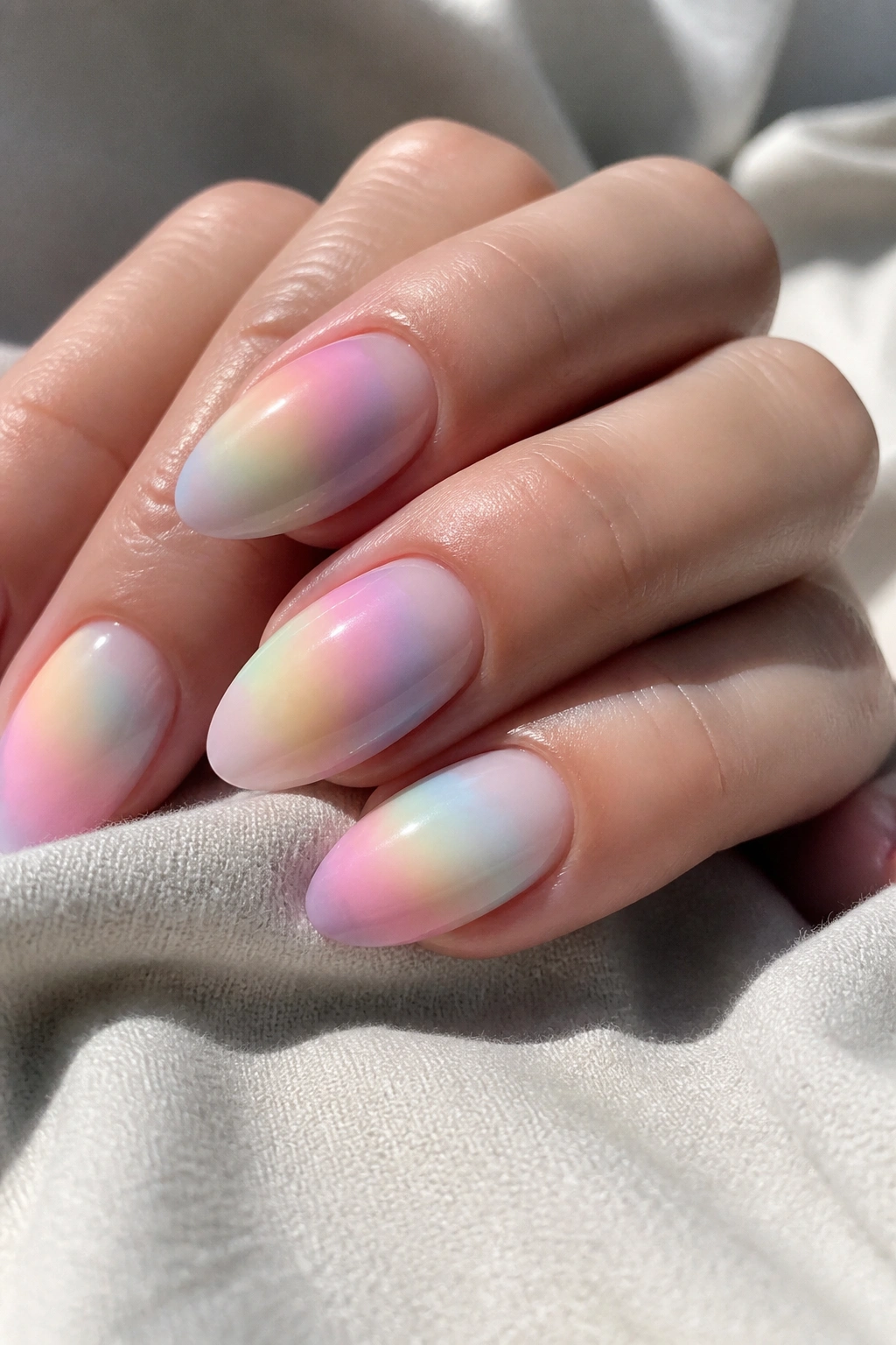 Close-up of almond nails with a sheer pastel rainbow aura fade on a real hand