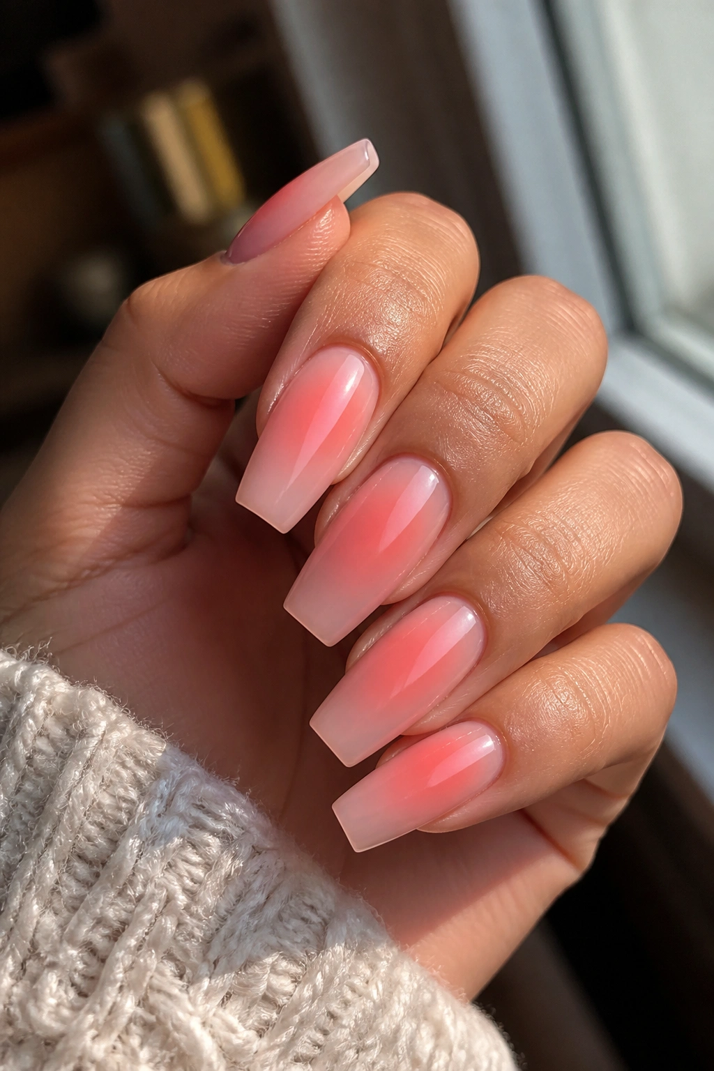 Close-up of soft peach aura coffin nails on a sheer nude base