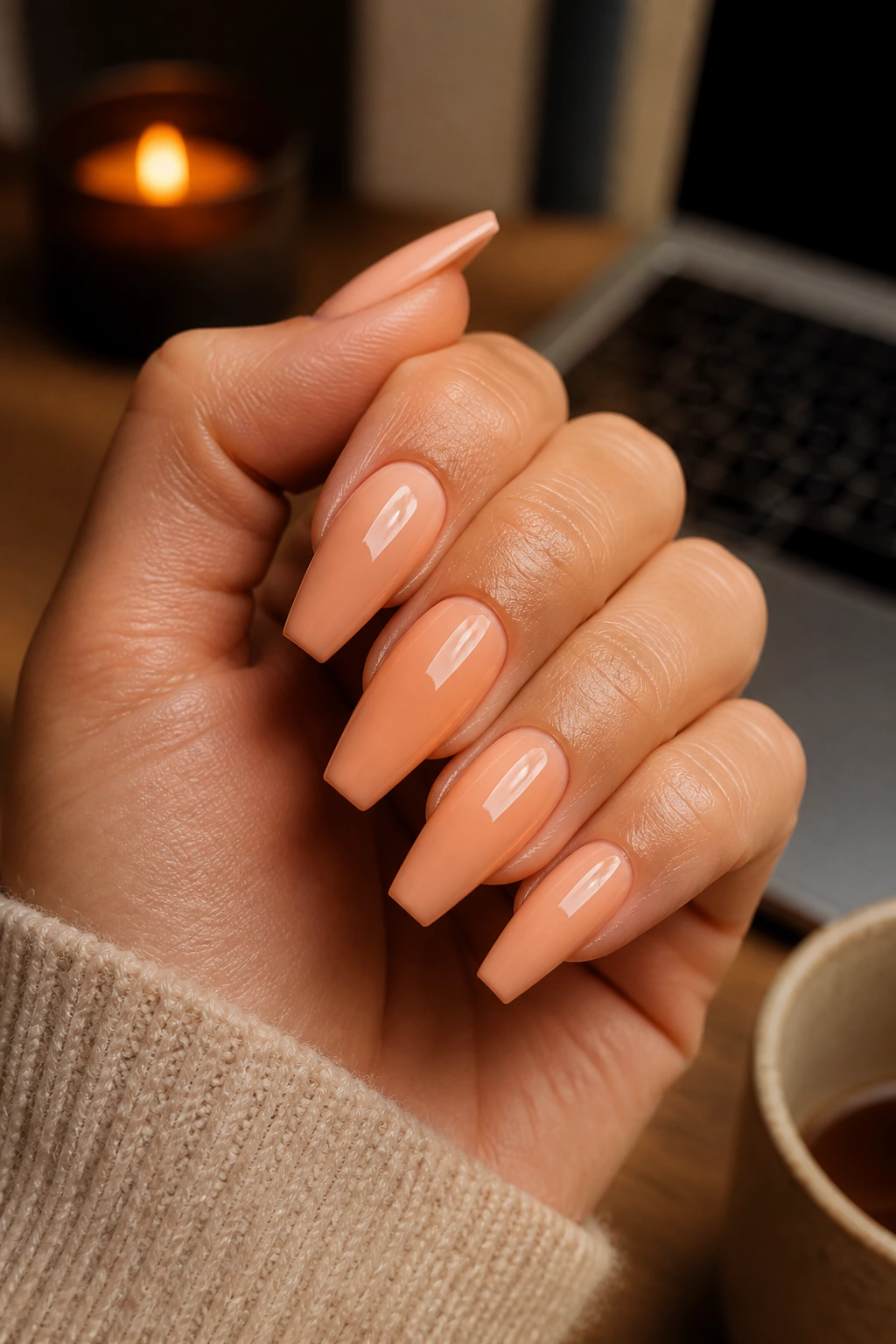 Close-up of peach-beige nude coffin nails with glossy finish on a real hand
