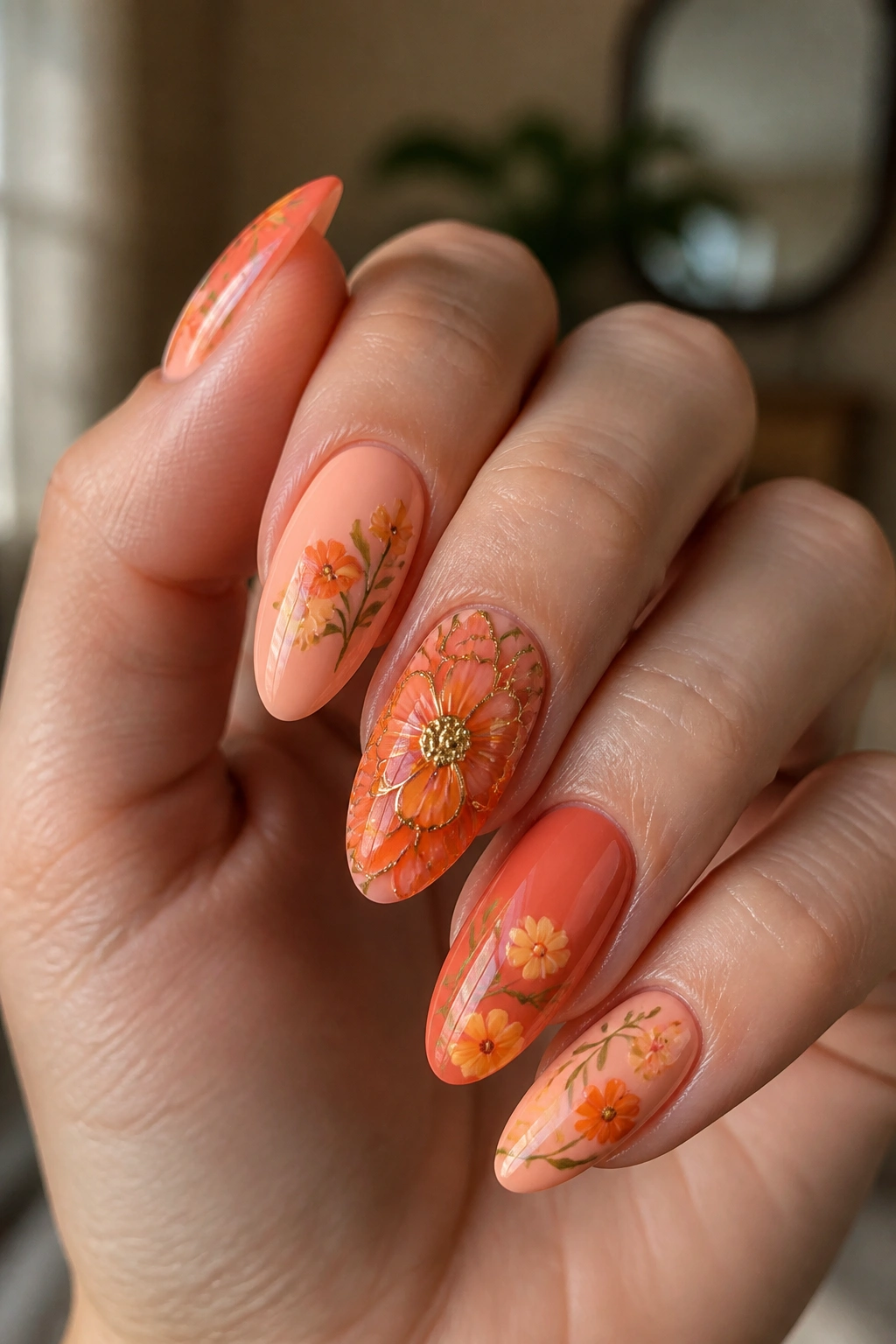 Close-up of almond nails with peach and coral marigold designs on a real hand