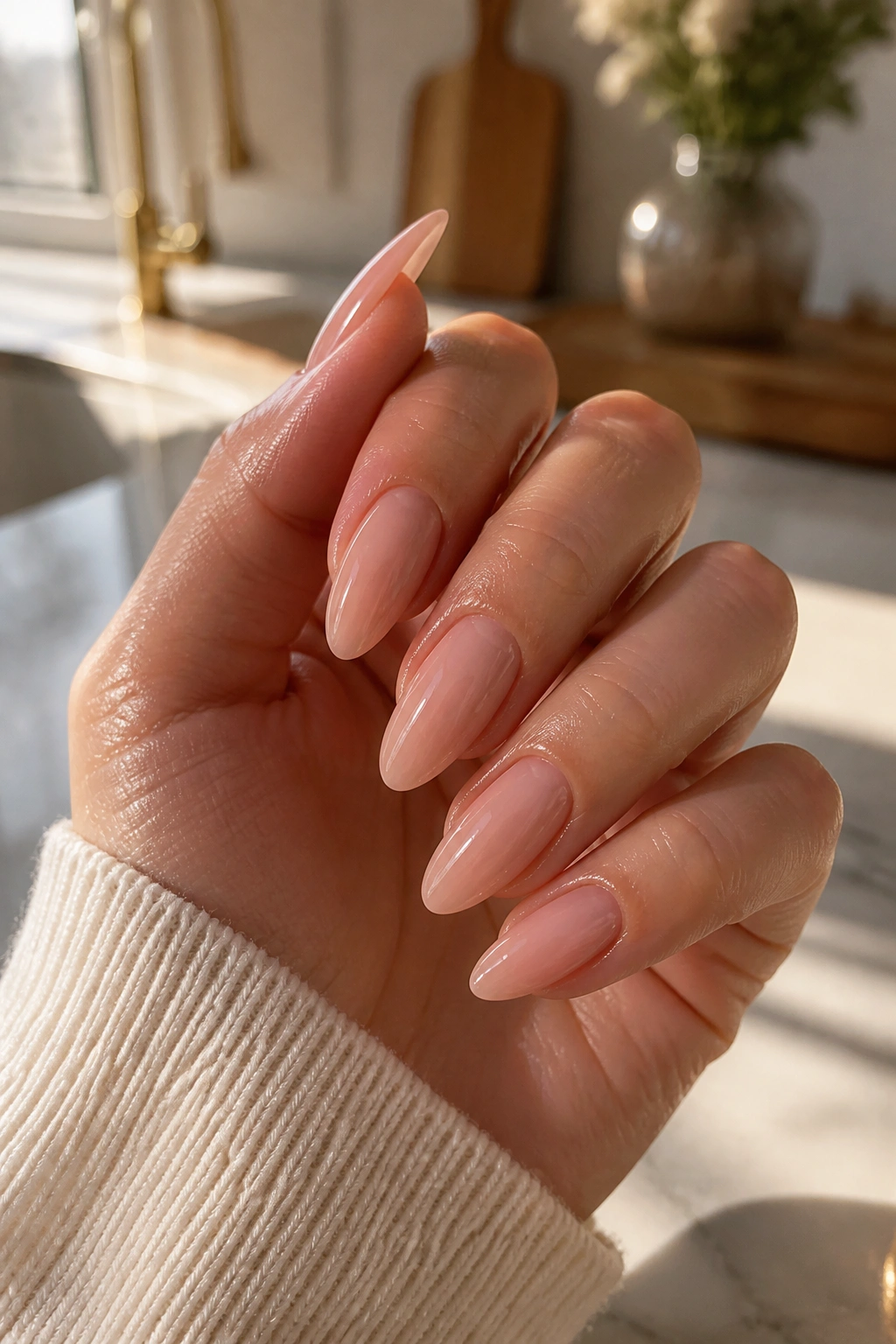 Long almond nails in sheer peach with a glossy finish on a real hand.