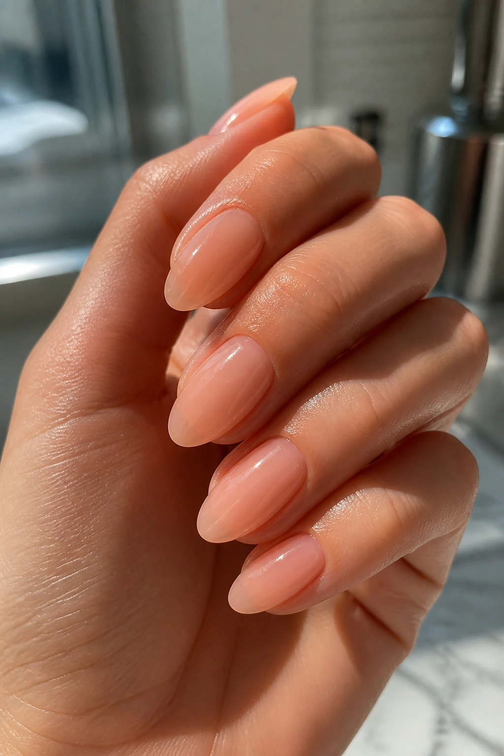 Close-up of almond nails with soft peach nude jelly polish showing translucency