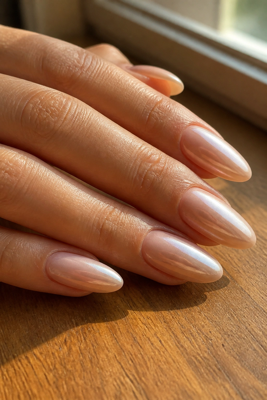 Close-up of almond nails in peach nude with pearl chrome on a real hand