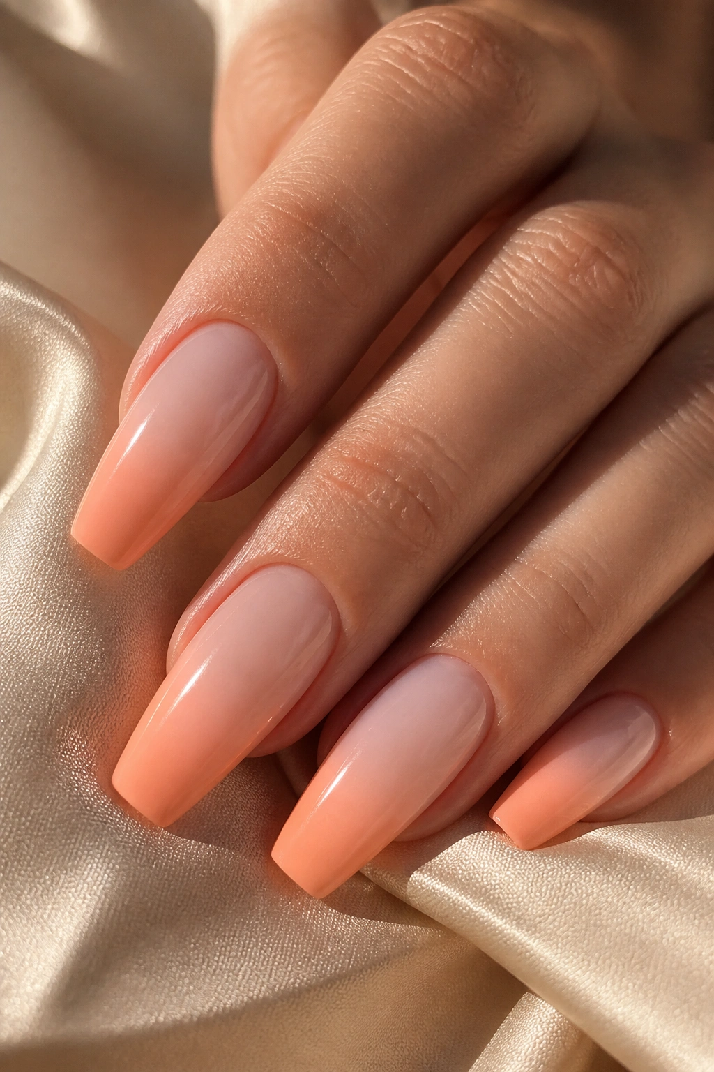 Close-up of peach sorbet ombré coffin nails on real hand