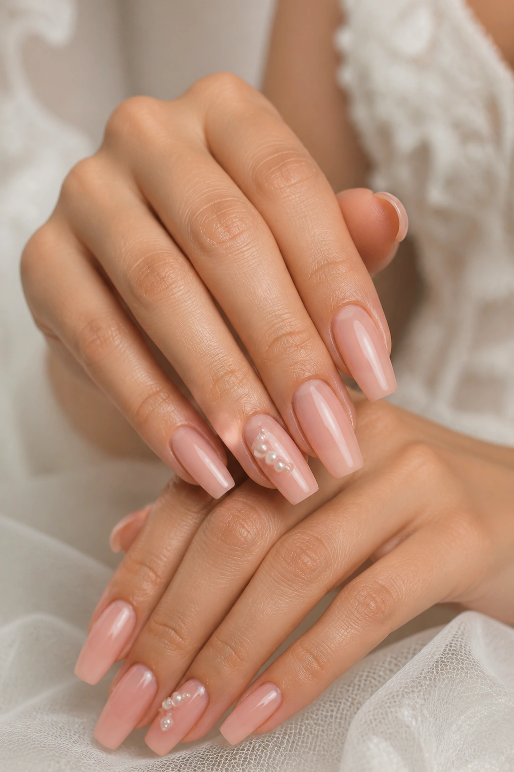 Close-up of real hands with sheer pink coffin nails and tiny pearl accents