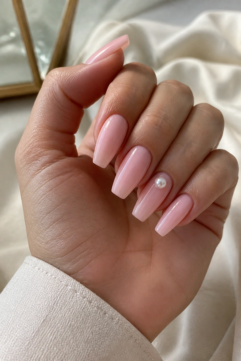 Close-up of light pink coffin nails with a single pearl accent